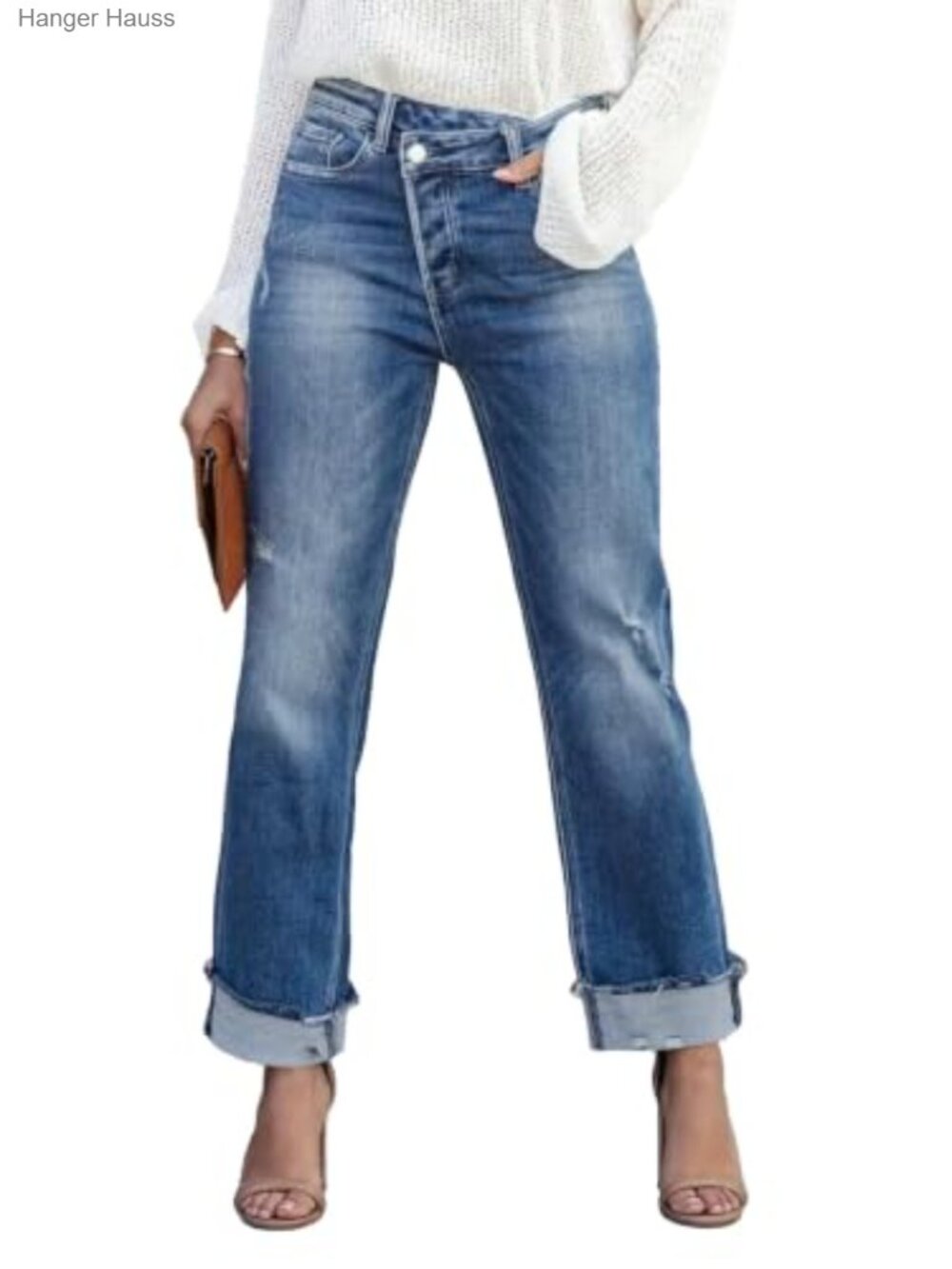 Women's High Waisted Straight Leg Boyfriend Jeans Distressed Cuffed Raw Hem